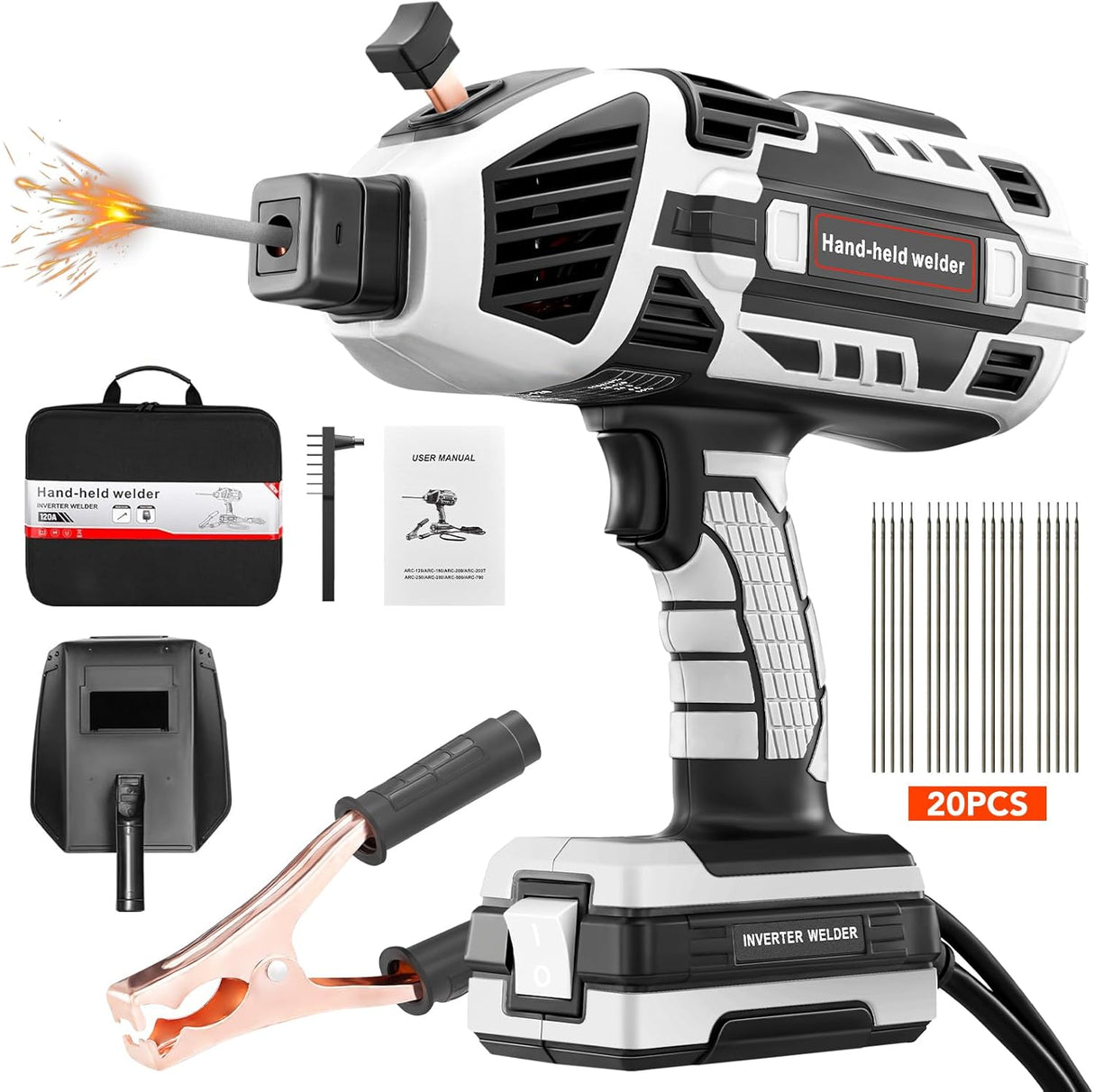 Portable Electric Welding Machine,110V Portable Welder Handheld with IGBT Inverter 5 Variable Current Adjustment,Portable ARC Welder Gun, Fits for 3/32" Wire Rods (Grey)-Free Shipping