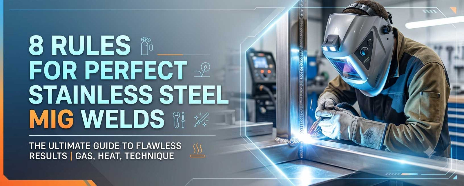 Cover image for a comprehensive guide on MIG welding stainless steel, featuring a professional welder and the shiny perfect weld bead, with the title: '8 RULES FOR PERFECT STAINLESS STEEL MIG WELDS
