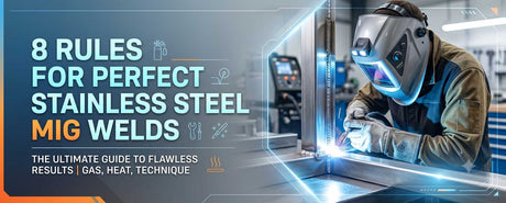 Cover image for a comprehensive guide on MIG welding stainless steel, featuring a professional welder and the shiny perfect weld bead, with the title: '8 RULES FOR PERFECT STAINLESS STEEL MIG WELDS