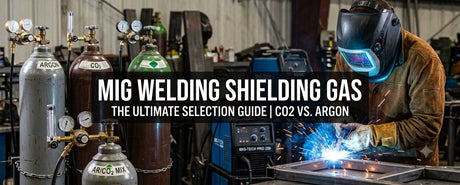 A dynamic banner showing a welder performing MIG welding with a clean arc, shielded by shielding gas, and gas cylinders labeled Argon and CO2 in the background.