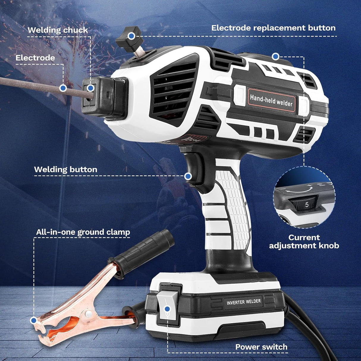 Portable Electric Welding Machine,110V Portable Welder Handheld with IGBT Inverter 5 Variable Current Adjustment,Portable ARC Welder Gun, Fits for 3/32" Wire Rods (Grey)-Free Shipping